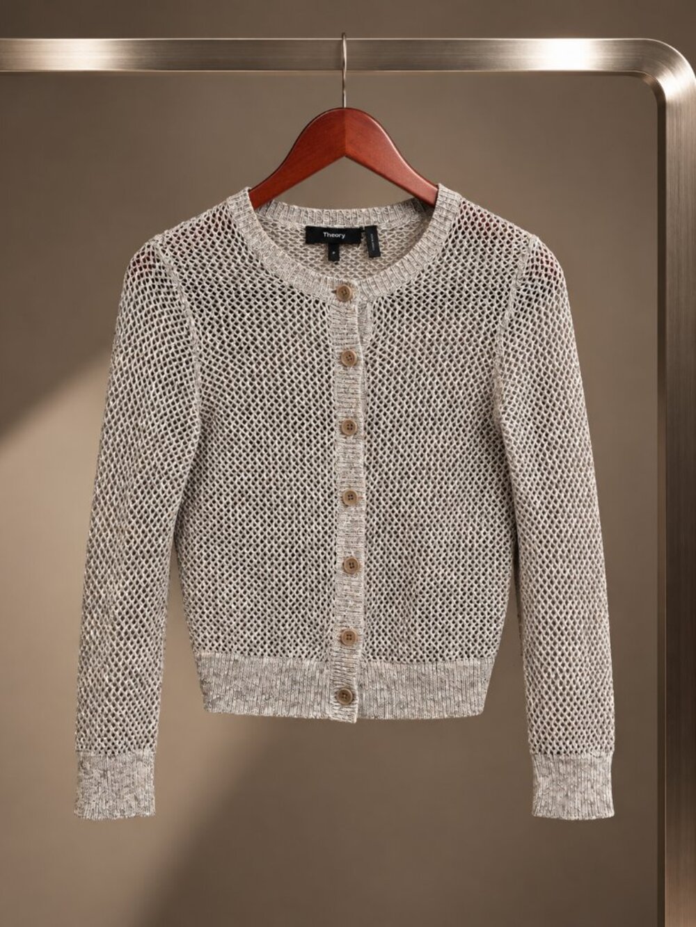 Theory Tamvi Marl Linen Open Knit Cropped Button Cardigan Oatmeal Size P